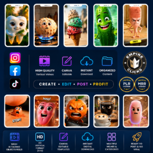 1100+ AI Talking Object Reels Bundle (PLR & MRR) – Viral Canva-Editable Videos for TikTok, Reels & Shorts